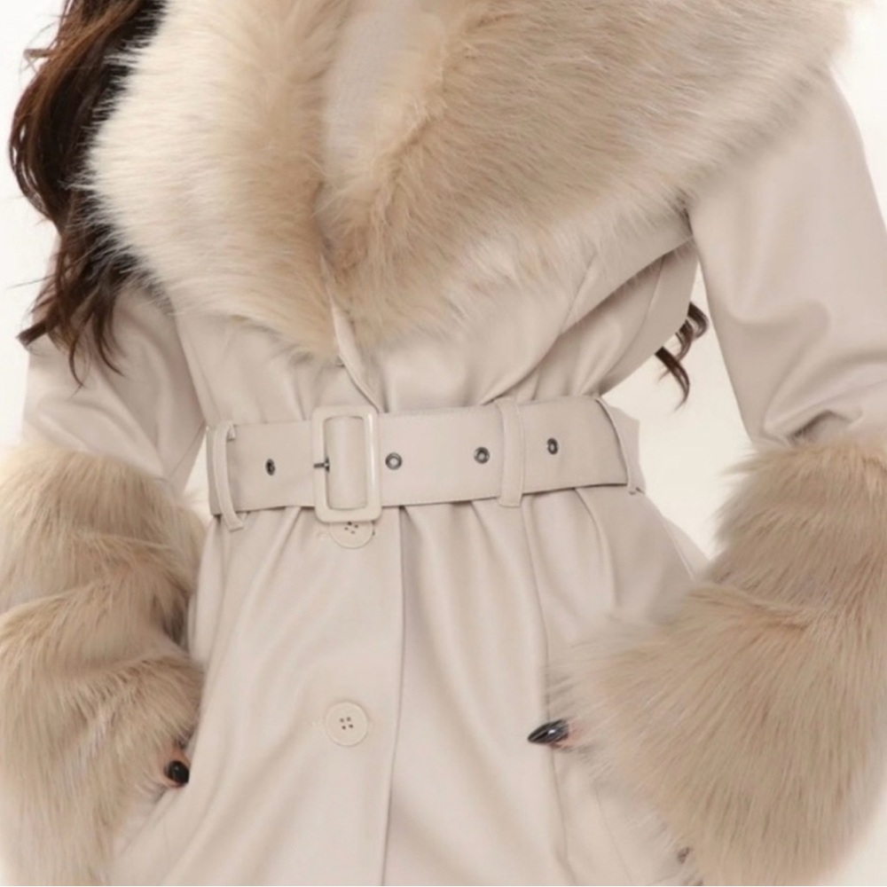 Fashion Nova Cream Faux Leather Trench Coat with Faux Fur - Picture 3 of 11